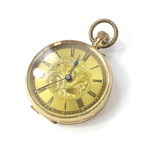 A 9ct gold fob watch, with central floral scroll design and Roman Numerals, bezel wind with Juivre movement, 31.9g all in.
