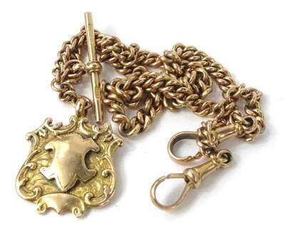 A 9ct gold watch chain, with two clips, t-bar and shield fob, the shield unmarked, 30.5g all in.