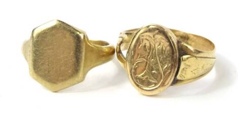 Two signet rings, one a 9ct gold, the other unmarked, one with vacant cartouche, the other engraved with a monogram, 8.6g.