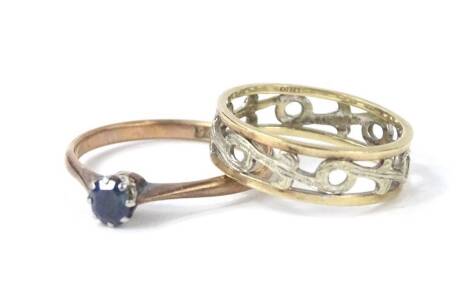 Two 9ct gold dress rings, to include one set with single blue stone, the other bi colour with floral design, 4.4g all in.