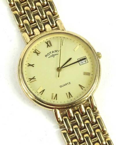 A gentleman's 9ct gold Rotary wristwatch, the gold coloured dial with raised Roman Numerals and subsidiary date aperture, gold strap, boxed, 63.7g all in.