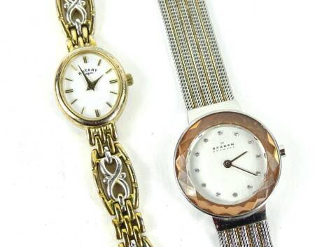 Two ladies dress watches, with plated case and two coloured metal strap stamped Skagen, the other Rotary.