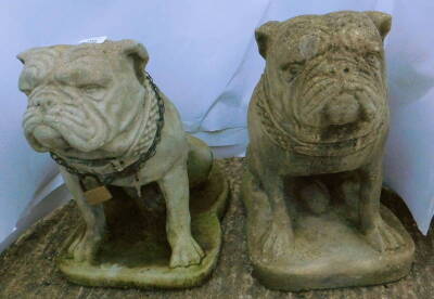 A pair of composition bulldog garden ornaments, 44cm H.