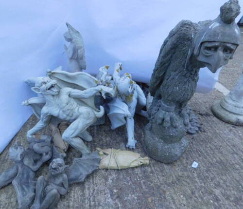 Various composition plastic and other garden ornaments, each modelled in the form of grotesque beasts, angels, bats, etc.