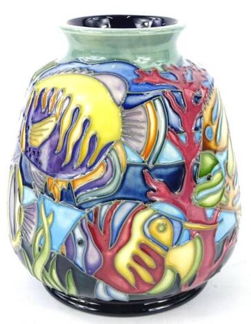 A Moorcroft Martinique pattern vase, decorated with coral and fish, on a blue and green ground, number 98 of 235, signed 98 JMC and impressed mark to underside, 14cm H.