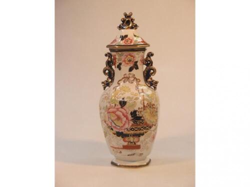 A Victorian Masons ironstone china octagonal baluster vase with cover