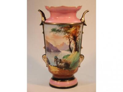 A large Paris porcelain vase with inverted rim and two handles