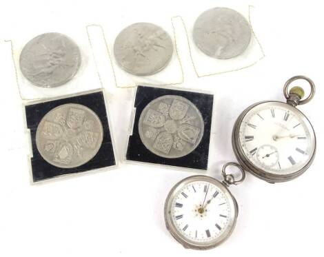 A silver pocket watch, with American movement, a Continental white metal fob watch, and a collection of nickel silver crowns.