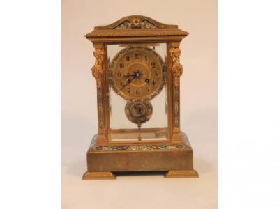 A French Four-Glass Gilt metal Onyx and Champleve Mantel clock