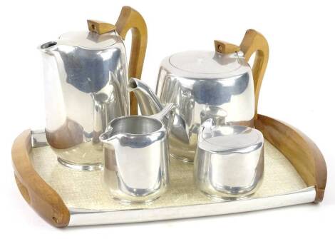 A Piquot ware aluminum four piece tea set, with tray.