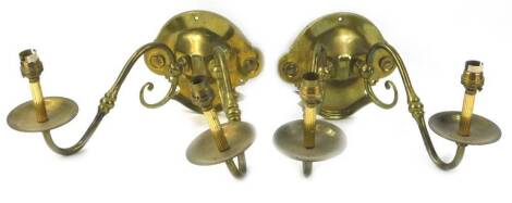 A pair of Dutch style two branch wall lights, each with a cartouche shaped back plate, 36cm W.