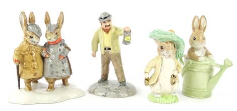 Four John Beswick Beatrix Potter figures, to include two gent rabbits, Peter Water can and Benjamin Bunny Gold, all boxed.