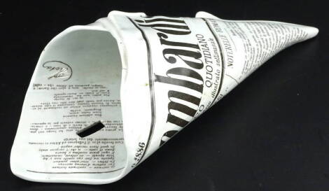 A Richard Ginori Italian wall vase, printed with a version of an old newspaper titled Lombardia and dated 1886, in the manner of Fornasetti, printed mark to reverse, 30cm H.