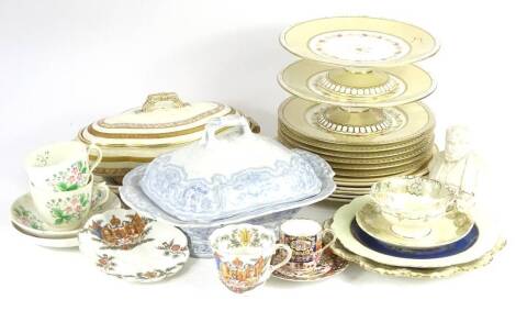 A collection of ceramics, to include decorative plates, blue and white tureen cover, part dessert service part dinner service, a parian bust etc., some pieces (AF)