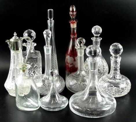 A collection of decanters etc., to include an Art Deco style tapering vase with chequer design, a L.S.A ships type decanter, Bohemian style Ruby tinted decanter decorated with grapes etc.