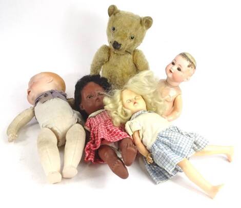 A collection of toys, to include an Armand Marseille bisque headed doll, other dolls and a teddy bear.