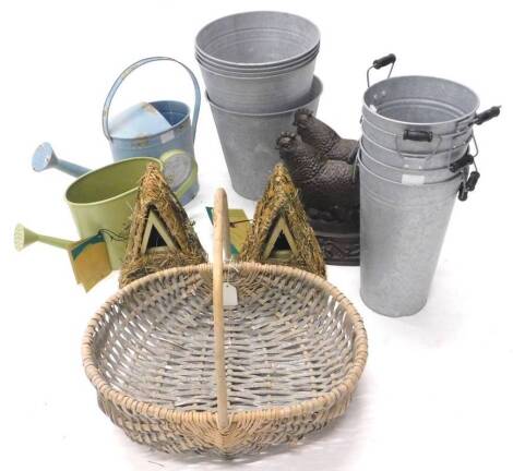 Miscellaneous items, to include modern buckets, baskets, bird boxes, door stop modelled in the form of a chicken, watering cans etc.