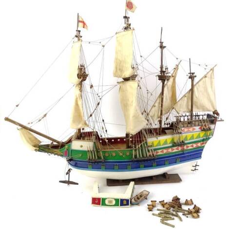 A scale model Sir Walter Raleigh's first Ark Royal, with four masts, elaborately painted in various colours.