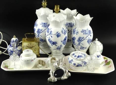 A quantity of Aynsley Elizabeth Rose pattern ceramics, to include a pair of large vases, jar and cover, Wedgewood Rosedale ginger jar and cover, Nao dog, etc.