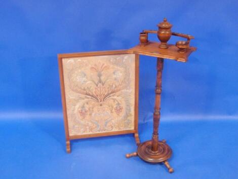 A turned beech pipe stand and a fire screen