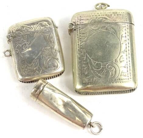 An Edwardian silver Vesta case, with engraved decoration and vacant cartouche, a cheroot case and a silver plated Vesta case. (3)