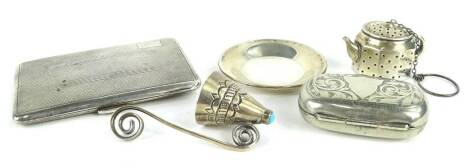 A collection of small silver etc., to include an engine turned card case, a tea infuser modelled in the form of a teapot stamped Sterling, silver plated sovereign and half sovereign, holder stamped White Metal etc.