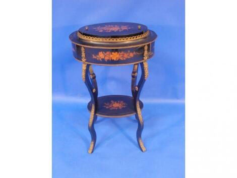 A Victorian ebonised jardiniere stand with floral marquetry reserves to