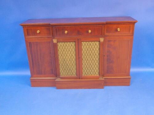 A reproduction Regency mahogany break front side cabinet