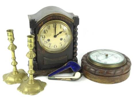 A collection of items, to include an oak mantel clock, pair of 18thC brass candlesticks, an aneroid barometer signed Henry Manley of Leeds and the pipe.