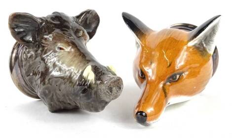Two Royale Stratford porcelain stirrup cups, one modelled in the form of a boars head, the other a fox, the largest 12cm H.