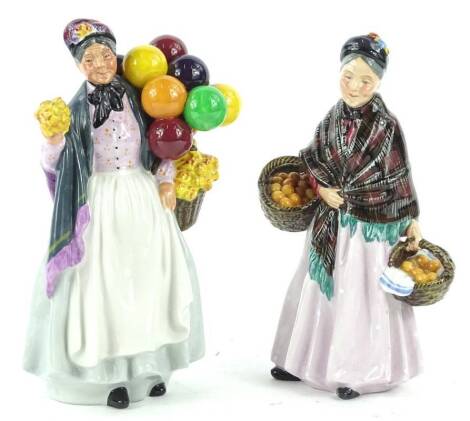 Two Royal Doulton porcelain lady figurines, the Orange Lady HN1759 and Biddy Pennyfarthing HN1943.