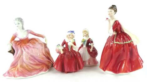 Four porcelain figurines, to include Royal Doulton Flower of Love, Valerie and Lovinia and the Coalport figure of Polly.