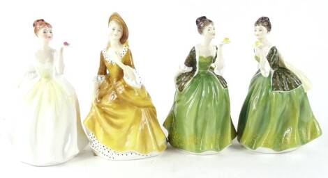 Four Royal Doulton porcelain figurines, Fleur (2), Flower Of Love and Sandra.