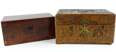 A 19thC mahogany rectangular box, possibly previously a tea caddy but lacking fittings, 29cm W, and an oriental carved candle wood small jewellery box, 30cm W. (2)