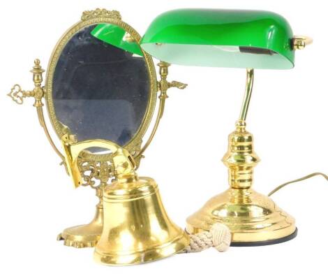 Various items of metalware, to include a reproduction school bell, dressing table mirror and a desk lamp.