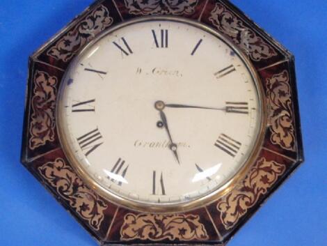 A 19thC flamed mahogany wall clock with octagonal case inlaid with arabesque brass panels