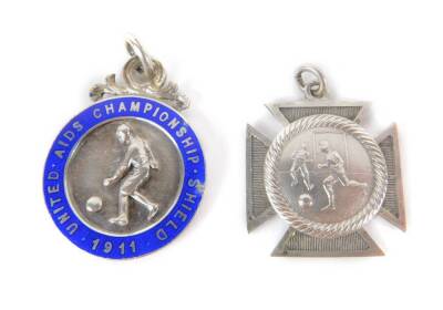 Two silver football medallions, awarded to W Thompson, Strathcona July 1st 1910, and United Aids Championship Shield 1911, Swift’s FC, 20.4g. (AF)