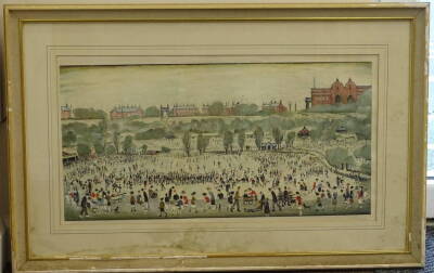 Laurence Stephen Lowry (1887-1976). Peel Park, artist signed coloured print, 41cm x 78cm. - 2