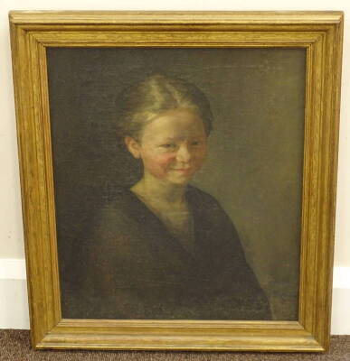 Late 19thC British School. Portrait of a young lady with rouged cheeks, oil on canvas, 46cm x 38cm. - 2