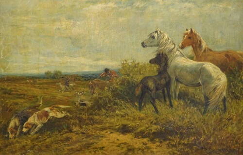 John Emms (1843-1912). Huntsmen, hounds, mares with foal, oil on canvas, signed, 44.5cm x 64.5cm.