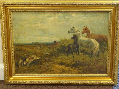 John Emms (1843-1912). Huntsmen, hounds, mares with foal, oil on canvas, signed, 44.5cm x 64.5cm. - 2