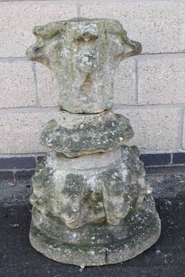 A Gothic design stone ecclesiastical finial, believed to be from St Wulfram’s Church, Grantham, with a shaped top, inverted leafy stem and shaped plinth, with further section beneath, the main body 58cm H. From the estate of R J ‘Bob’ Curry (Dec’d) of Gr