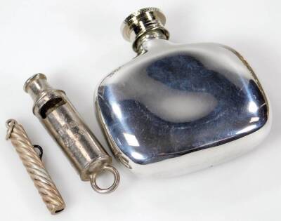 Various silver plated and metalware, to include a Boy Scout chrome plated whistle, of cylindrical form, 6cm W, cream jug, chamberstick, miniature hip flask, waiter with bead border broken by scrolls, and a folding button hook. (a quantity) - 3