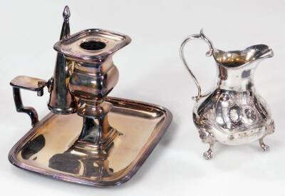 Various silver plated and metalware, to include a Boy Scout chrome plated whistle, of cylindrical form, 6cm W, cream jug, chamberstick, miniature hip flask, waiter with bead border broken by scrolls, and a folding button hook. (a quantity) - 4