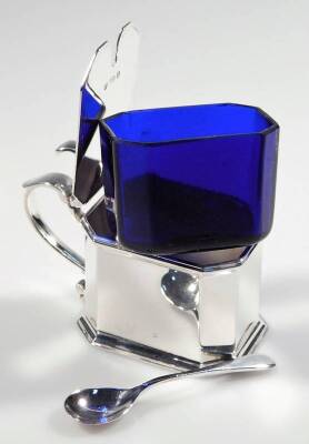 A George VI Scottish silver mustard pot, of canted rectangular form, with thumb mould leafy S scroll handle and shaped body, Edinburgh 1938, 7cm H, 3½oz, with blue glass liner and associated spoon. - 2