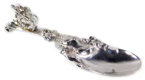 A late 19thC Dutch silver spoon, with elaborate equestrian head, shaped handle and bowl, Chester import marks for 1889, 13cm W.
