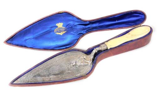 A Victorian silver and ivory handled ceremonial trowel, presented by The Coroporation of Doncaster to Arthur J Smith Esq. Mayor on his laying the foundation stone of the new Corn Exchange On Thursday 22nd September 1870, London 1869, 39cm W, in fitted cas