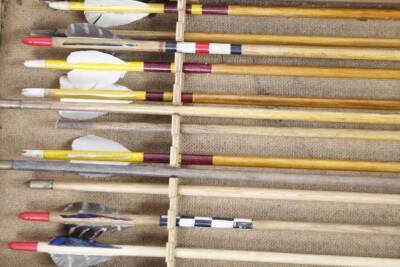 A cased set of various archery arrows, with feathered ends and cylindrical stems, 68cm W (cased) From the estate of R J ‘Bob’ Curry (Dec’d) of Grantham. - 3