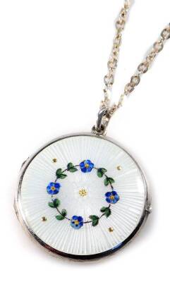 A silver and enamel locket, the locket face decorated with pale blue enamel and design of pansies and leaves to the centre, on a later silver chain, 8g all in.