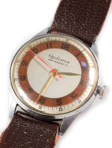 An Optima gentleman’s wristwatch, with silver and coppered colour dial, minutes and seconds, marked to rear 6023 B, 3325 H, on brown leather strap.